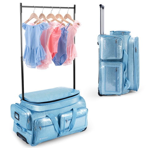 28" Dance Bag with Garment Rack – Glitter Blue Rolling Dance Competition Bag, 120L Expandable Storage, Collapsible Costume Rack Suitcase for Dancers