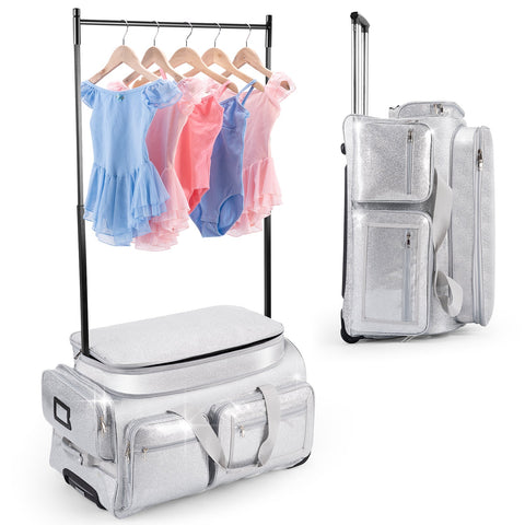 28" Dance Bag with Garment Rack – Glitter Blue Rolling Dance Competition Bag, 120L Expandable Storage, Collapsible Costume Rack Suitcase for Dancers