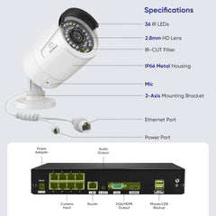 4K 8-Channel PoE Security Camera System, 8MP 10CH NVR 4 3MP Bullet CCTV IP Cameras, Audio Recording, Motion Detection