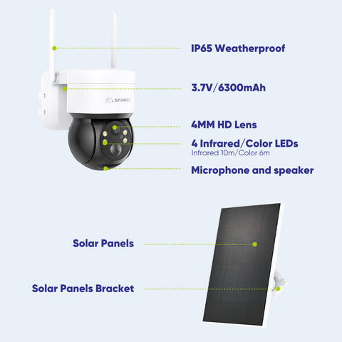 Wire-Free Battery IP Camera - Solar Powered, 2K 4MP, Pan & Tilt, Color Night Vision, 2-Way Audio, Works with Alexa, PIR Humanoid Detection