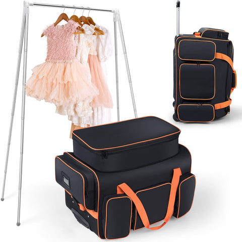 Dance Bag with Garment Rack, 23" Dance Costumes Rolling Garment Bags For Travel, Garment Duffle Bag For Dance Competition Travel Bag with Garment Rack (Black with Orange Trim)
