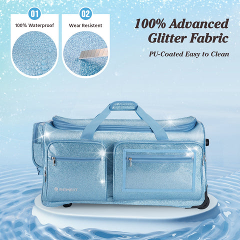 28" Dance Bag with Garment Rack – Glitter Blue Rolling Dance Competition Bag, 120L Expandable Storage, Collapsible Costume Rack Suitcase for Dancers