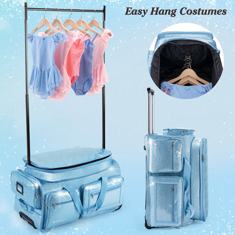 28" Dance Bag with Garment Rack – Glitter Blue Rolling Dance Competition Bag, 120L Expandable Storage, Collapsible Costume Rack Suitcase for Dancers
