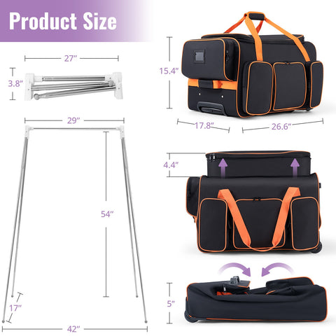 Dance Bag with Garment Rack, 23" Dance Costumes Rolling Garment Bags For Travel, Garment Duffle Bag For Dance Competition Travel Bag with Garment Rack (Black with Orange Trim)