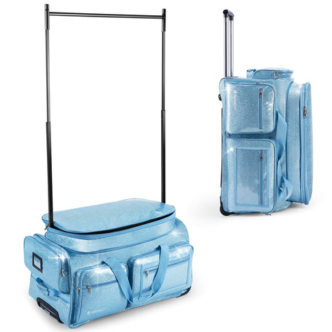 28" Dance Bag with Garment Rack – Glitter Blue Rolling Dance Competition Bag, 120L Expandable Storage, Collapsible Costume Rack Suitcase for Dancers