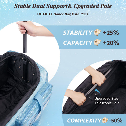 28" Dance Bag with Garment Rack – Glitter Blue Rolling Dance Competition Bag, 120L Expandable Storage, Collapsible Costume Rack Suitcase for Dancers