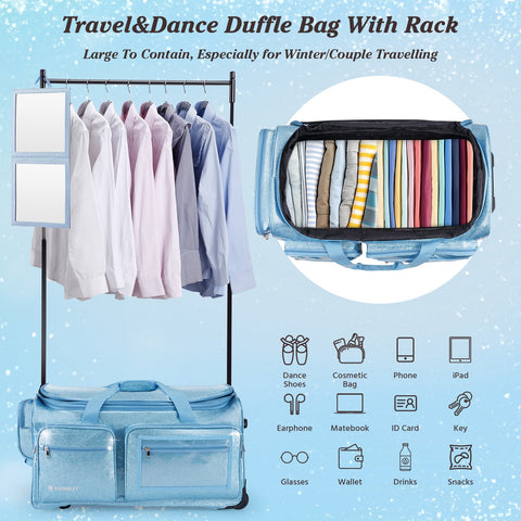 28" Dance Bag with Garment Rack – Glitter Blue Rolling Dance Competition Bag, 120L Expandable Storage, Collapsible Costume Rack Suitcase for Dancers