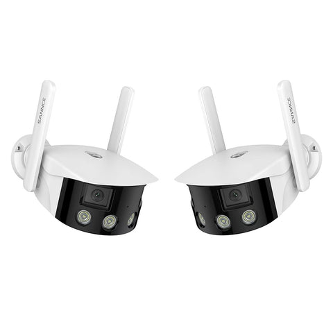 Pack of 2, WiFi Panoramic Outdoor Security Camera - Dual Lens, 2K 4MP, 180° Ultra Wide Angle, Color Night Vision, Human & Vehicle Smart Detection, Two-Way Audio, Works with Alexa & Google
