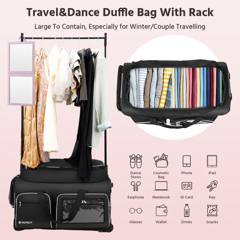 Dance Bag with Garment Rack, 28" Dance Costumes Rolling Garment Bags For Travel, Garment Duffle Bag For Dance Competition Travel Bag with Garment Rack (Black with Light Purple Trim)