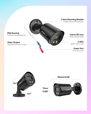 SANNCE Full Color Night Vision 1080P TVI Bullet Wired Security Camera, 2 Warm Lights, IP66 Weatherproof for Indoor Outdoor, 100ft Clear Full Color Night Vision, No Power Supply