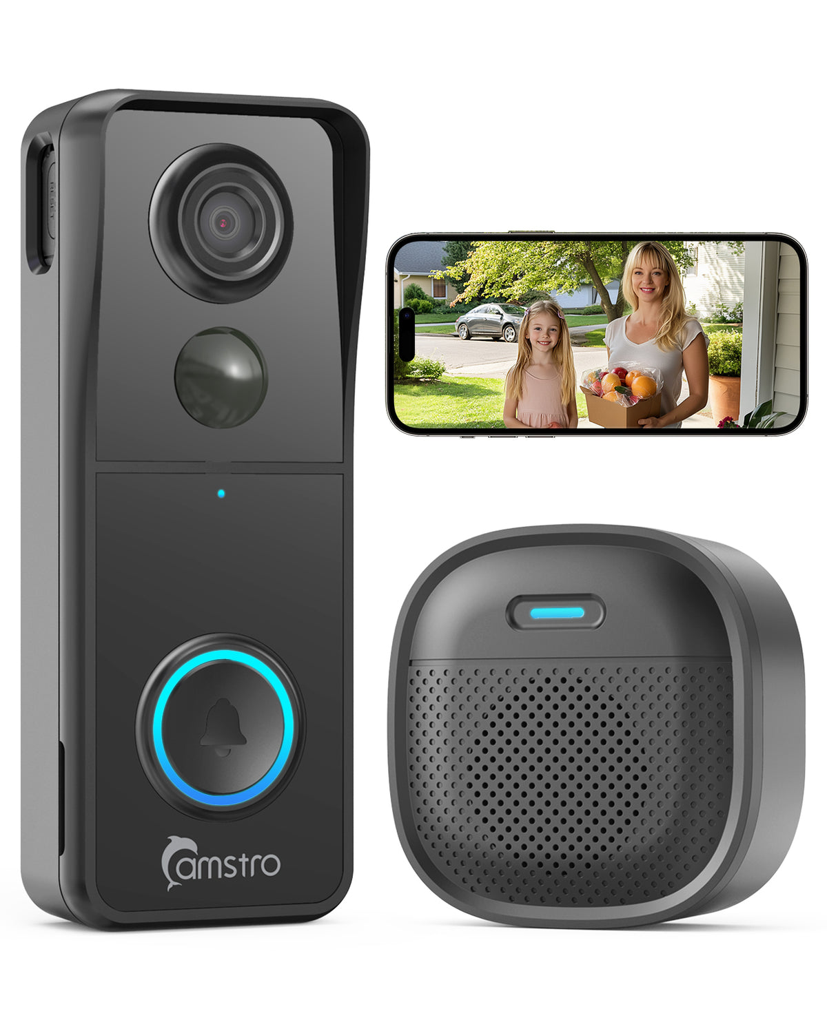 Camstro 5MP Wireless Video Doorbell, Motion Detection, 180-Day Battery Life, Night Vision, 2-Way Audio, Works with Alexa & Google Home, IP65 Weatherproof