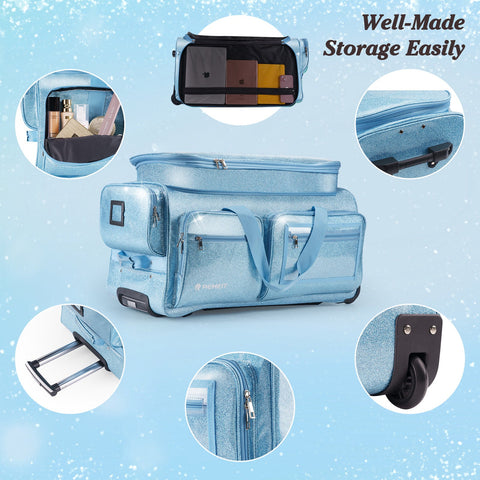 28" Dance Bag with Garment Rack – Glitter Blue Rolling Dance Competition Bag, 120L Expandable Storage, Collapsible Costume Rack Suitcase for Dancers