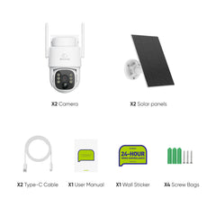 Pack 2 4MP Solar-powered Wire-free PT Outdoor Security Cameras with 8000mAh Battery & Solar Panel