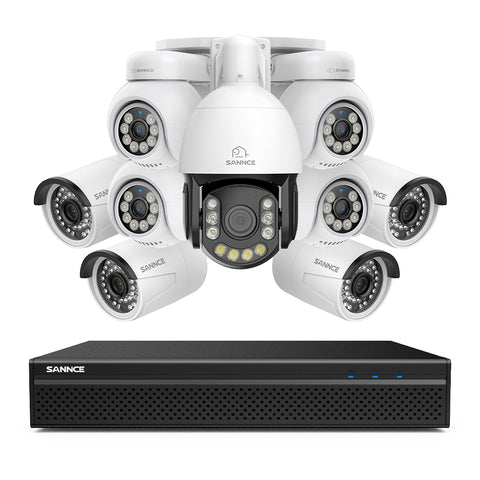 4K 8-Channel PoE Security NVR System with 9PCS 8MP Cameras, 1X 20X PTZ + 4X Bullet + 4X PT IP Cameras, Auto Tracking, Two-Way Audio, Night Vision