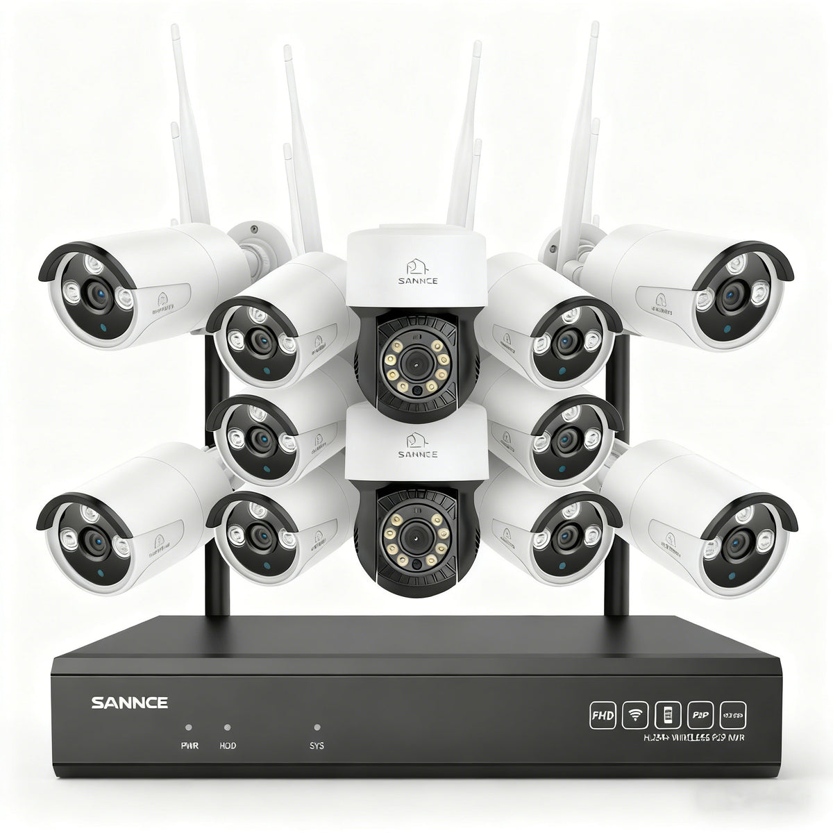 3MP 16-Channel Wireless CCTV PT & Bullet Camera System, 8MP NVR, 3MP Pan & Tilt WiFi IP Cameras, Audio Recording, AI Human Detection, Work With Alexa (2xPT Camera, 10xBullet Camera and 8MP 16CH NVR)