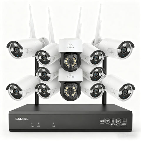 3MP 16-Channel Wireless CCTV PT & Bullet Camera System, 8MP NVR, 3MP Pan & Tilt WiFi IP Cameras, Audio Recording, AI Human Detection, Work With Alexa (2xPT Camera, 10xBullet Camera and 8MP 16CH NVR)
