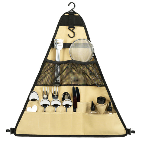 Triangular Camping Utensils Organizer, Outdoor Tableware Storage Bag with Hooks, Multi-compartment Picnic Cutlery Pouch for BBQ, Roasting Cooking