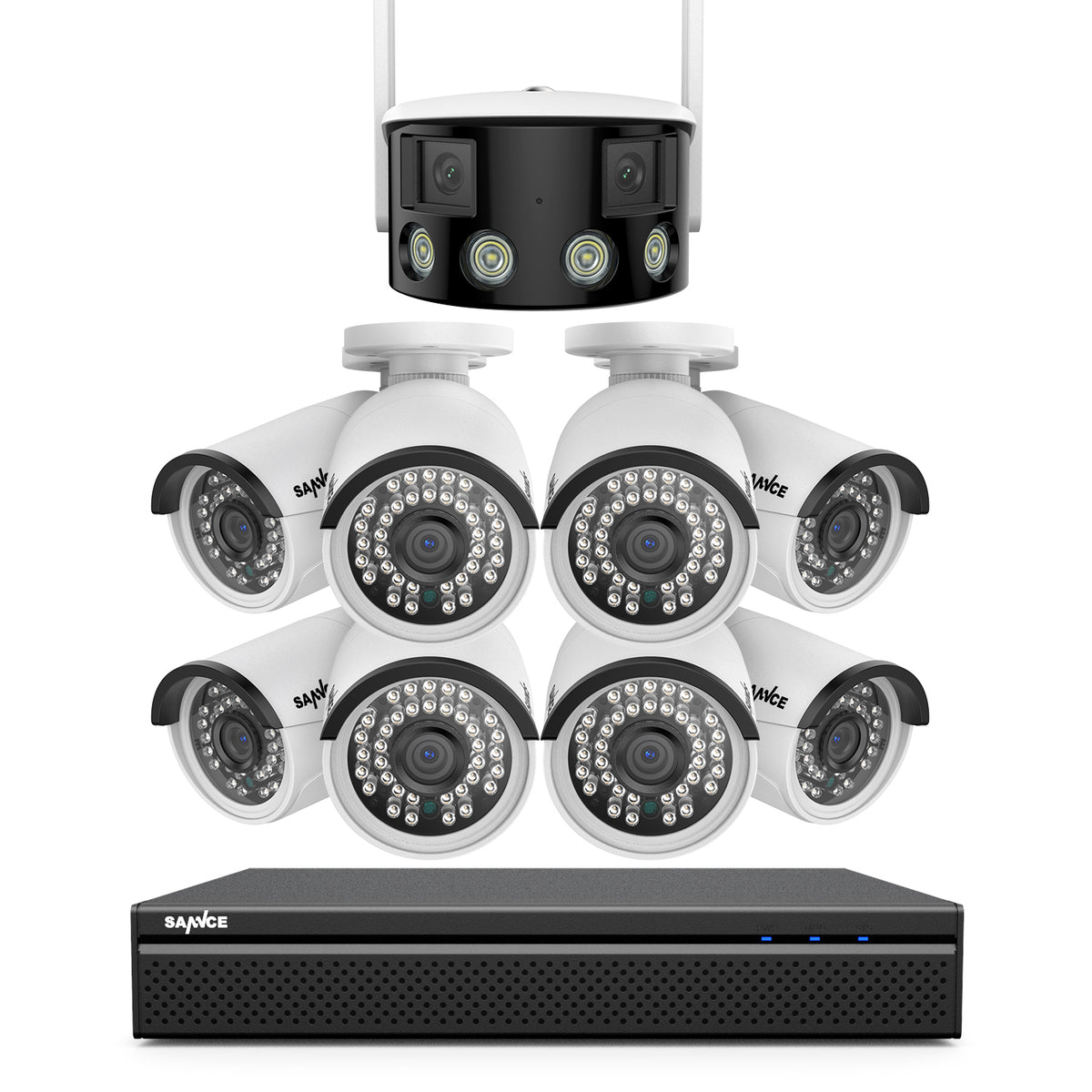 5MP 8 Channel 8 PoE Security Camera System + 1 Dual Lens Panoramic WiFi IP Camera, Color Night Vision, Two-way Audio