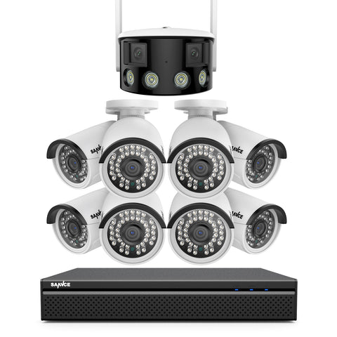5MP 8 Channel 8 PoE Security Camera System + 1 Dual Lens Panoramic WiFi IP Camera, Color Night Vision, Two-way Audio