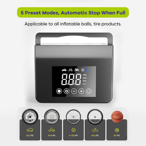 Portable Professional 150PSI Tire Inflator Air Compressor Power Station with Jump Starter, USB Charger, for SUV & Car & Bicycle & Motorcycle Tire, Balloons and Other Home Inflatables, Digital Pressure Gauge, Emergency LED Light