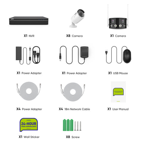 5MP 8 Channel 8 PoE Security Camera System + 1 Dual Lens Panoramic WiFi IP Camera, Color Night Vision, Two-way Audio