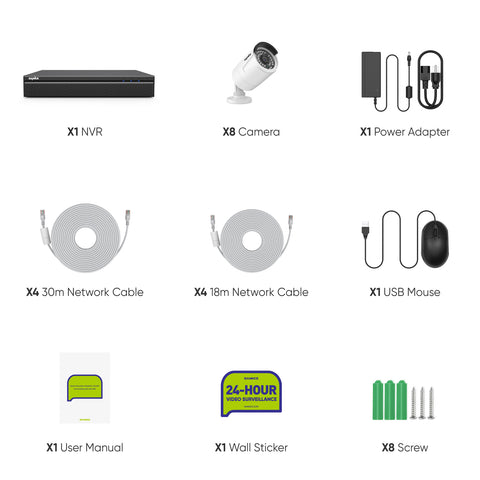 4K 8-Channel Wired PoE Security Camera System, 4K NVR w/ 8 3MP CCTV IP Cameras, Audio Recording